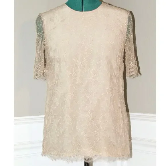 Adam Lippes Lace Blouse Nude Beige Short Sleeve Lined Top Women Size 2 - Picture 2 of 5